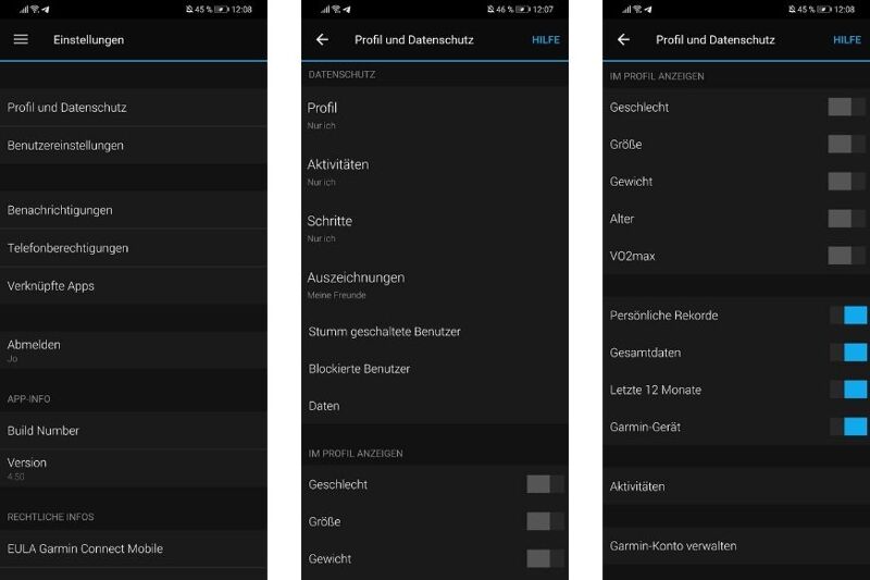 Man sieht die Datenschutzeinstellungen in der App.
